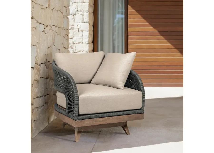 Orbit Swivel Outdoor Patio Chair in Weathered Eucalyptus Wood with Gray Rope and Taupe Olefin Cushions