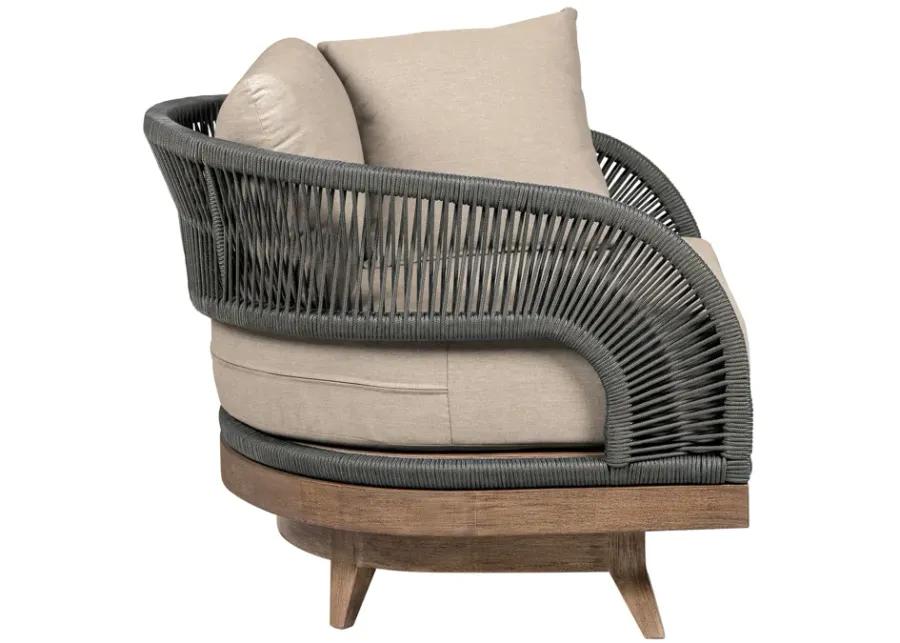 Orbit Swivel Outdoor Patio Chair in Weathered Eucalyptus Wood with Gray Rope and Taupe Olefin Cushions