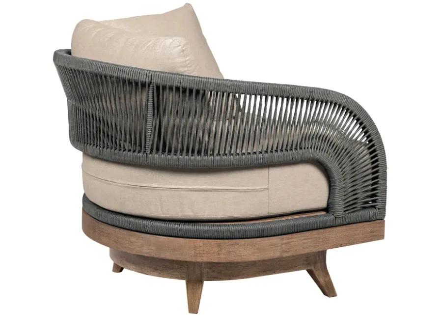 Orbit Swivel Outdoor Patio Chair in Weathered Eucalyptus Wood with Gray Rope and Taupe Olefin Cushions