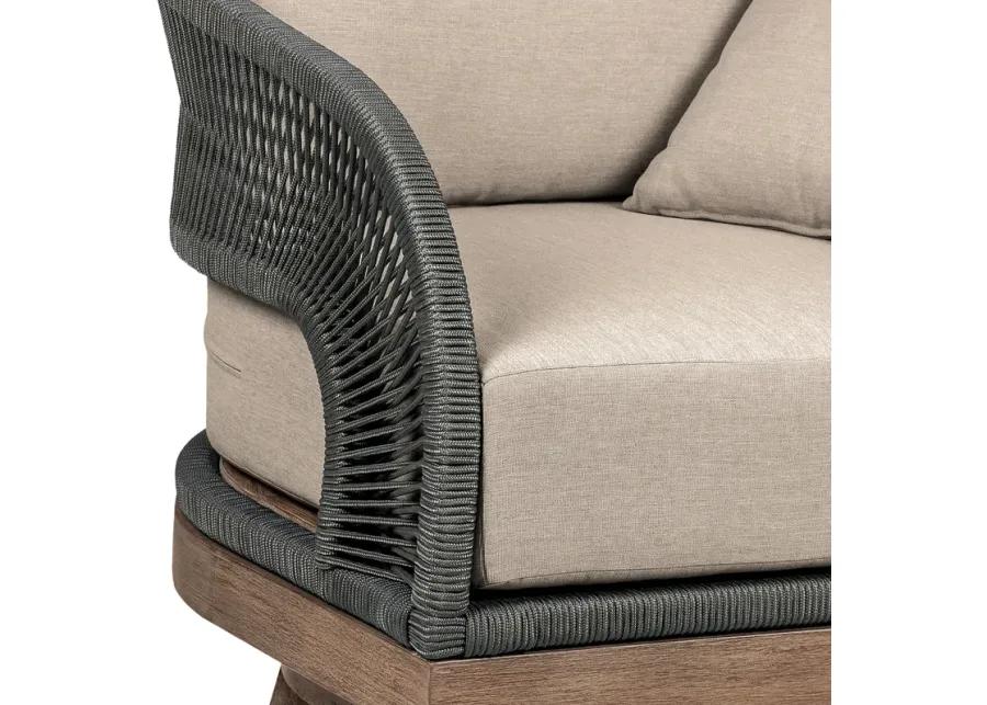 Orbit Swivel Outdoor Patio Chair in Weathered Eucalyptus Wood with Gray Rope and Taupe Olefin Cushions