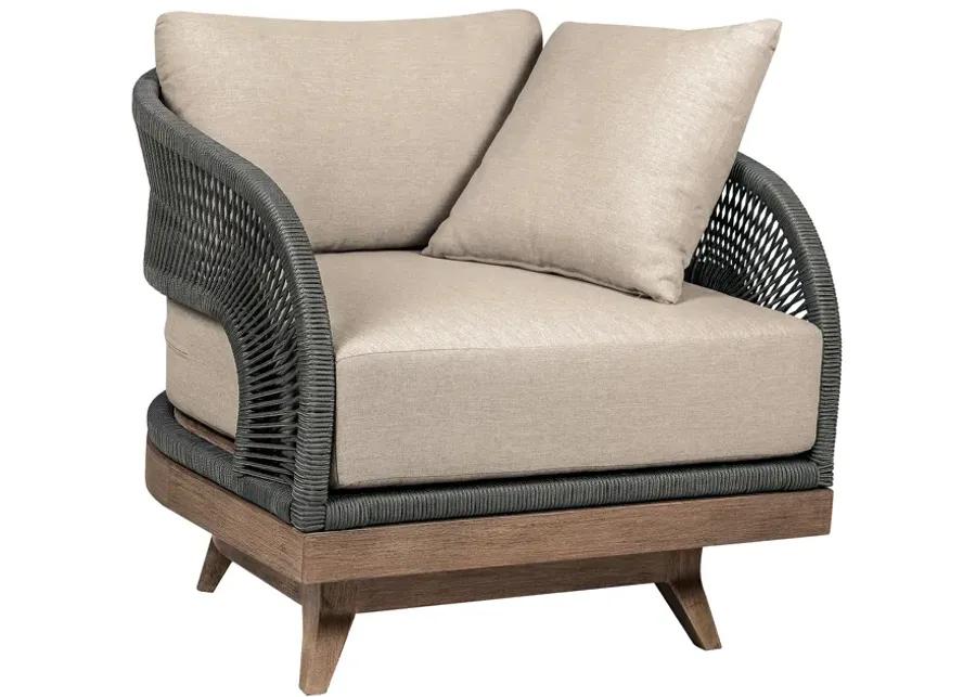 Orbit Swivel Outdoor Patio Chair in Weathered Eucalyptus Wood with Gray Rope and Taupe Olefin Cushions