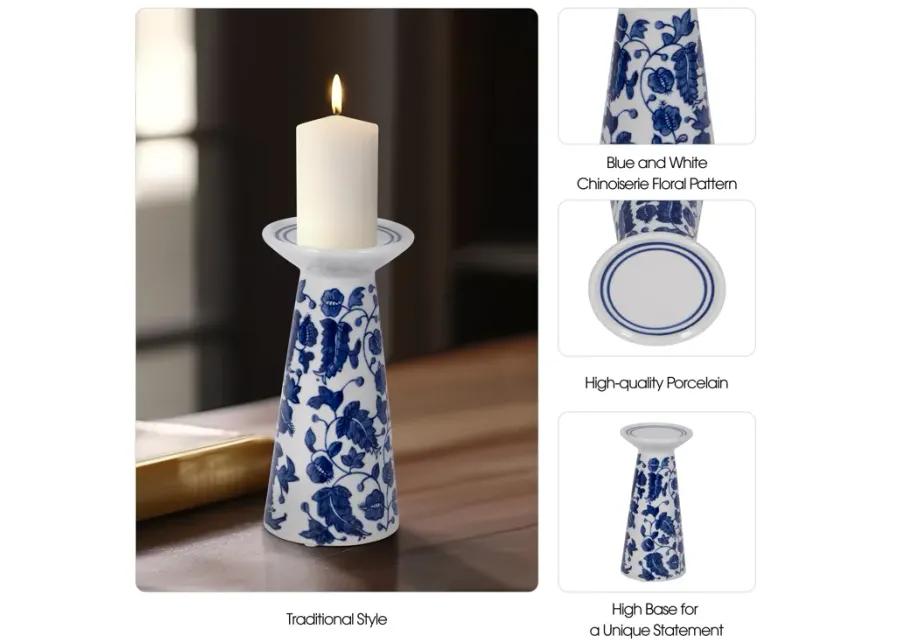 Porc, 8" Chinoiserie Leaves Candle Holder, Blue/wh