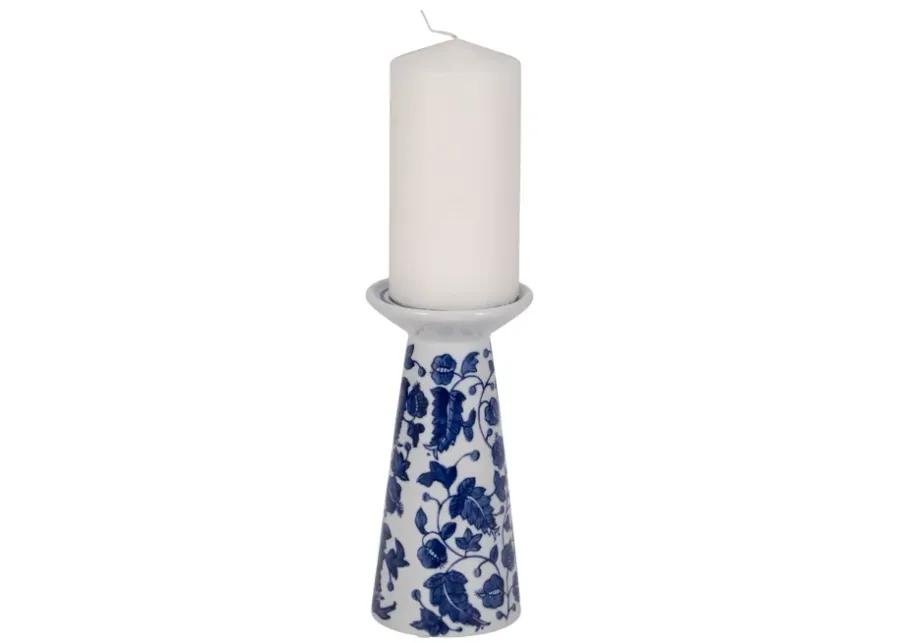 Porc, 8" Chinoiserie Leaves Candle Holder, Blue/wh