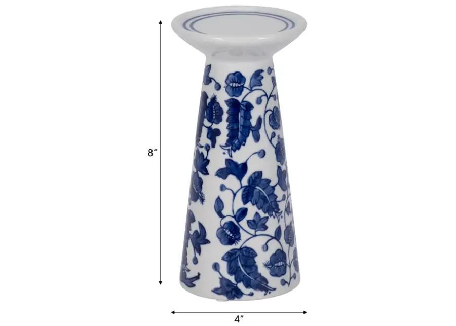 Porc, 8" Chinoiserie Leaves Candle Holder, Blue/wh