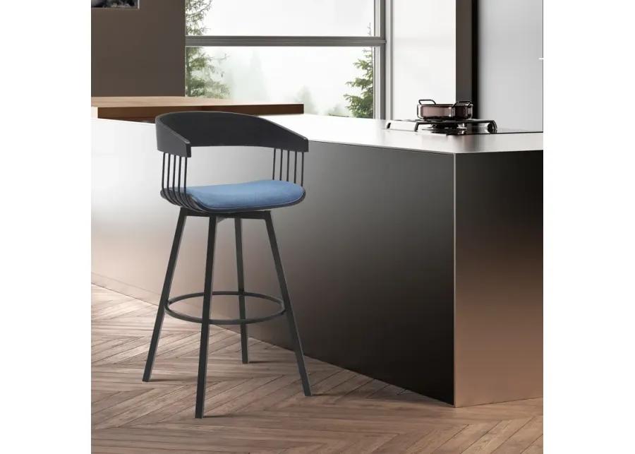 Athena 31" Swivel Black Wood Bar Stool in Blue Fabric with Black Metal