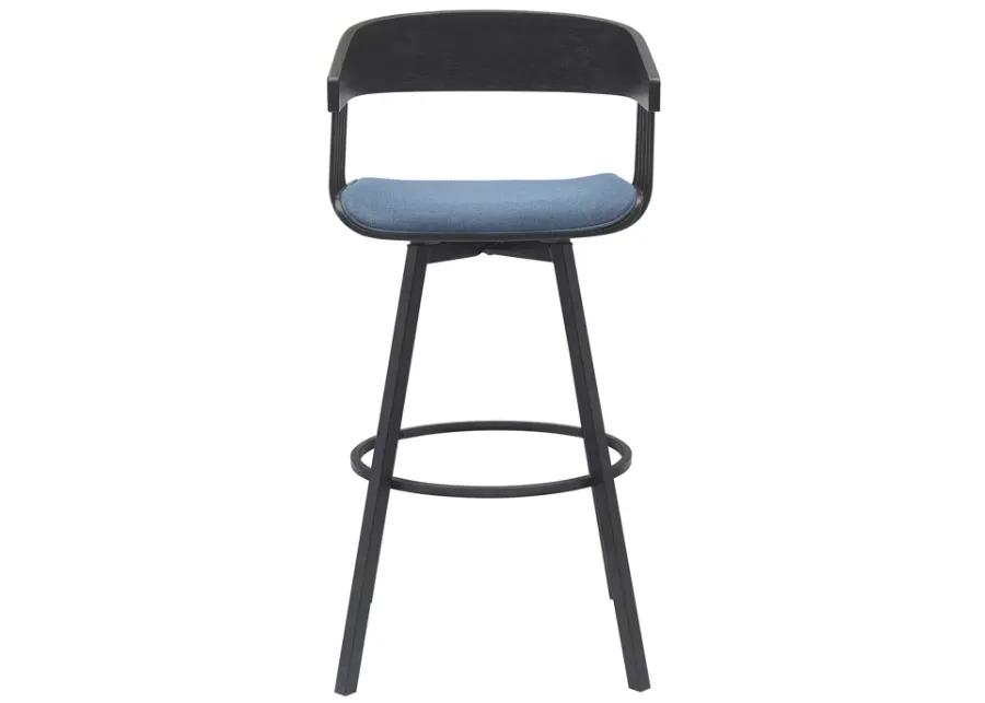 Athena 31" Swivel Black Wood Bar Stool in Blue Fabric with Black Metal