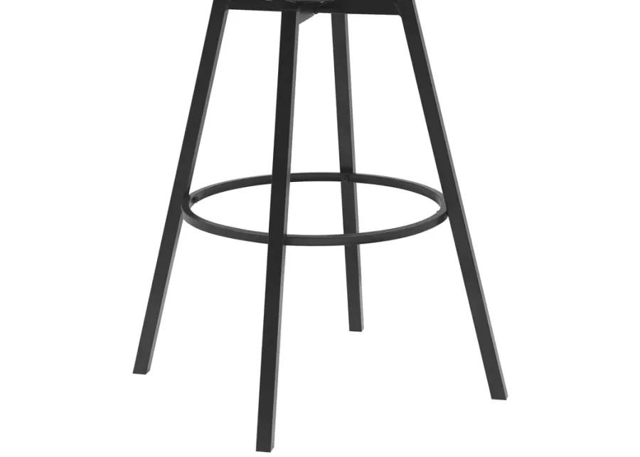 Athena 31" Swivel Black Wood Bar Stool in Blue Fabric with Black Metal