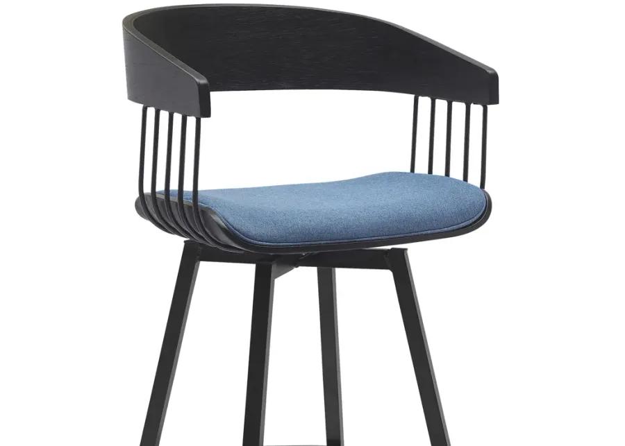 Athena 31" Swivel Black Wood Bar Stool in Blue Fabric with Black Metal