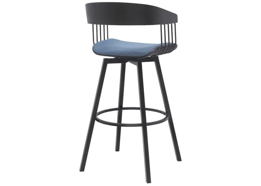 Athena 31" Swivel Black Wood Bar Stool in Blue Fabric with Black Metal