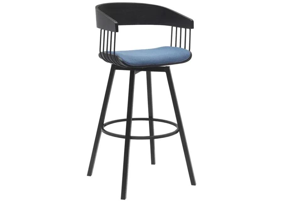 Athena 31" Swivel Black Wood Bar Stool in Blue Fabric with Black Metal