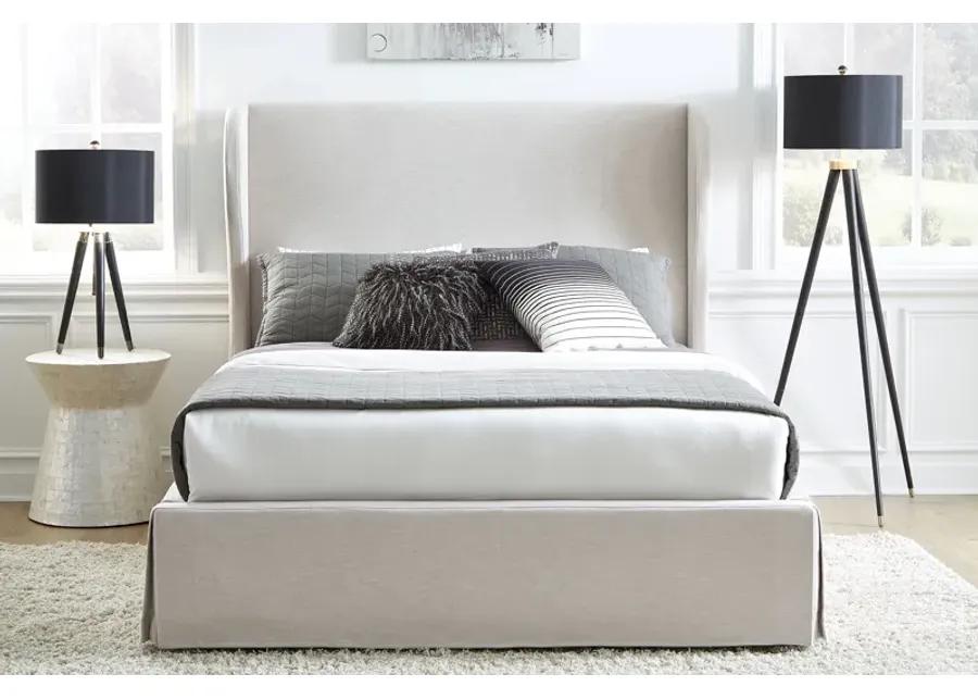 Hera King-Size Upholstered Skirted Panel Bed in Oatmeal