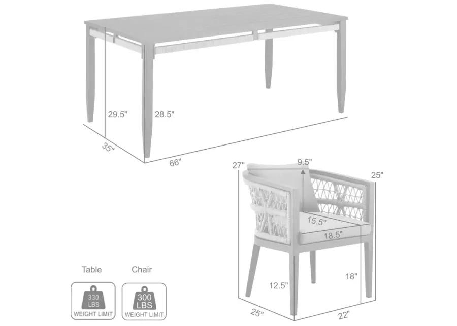 Zella Outdoor Patio 5 Piece Dining Set in Aluminum with Light Gray Rope and Cushions