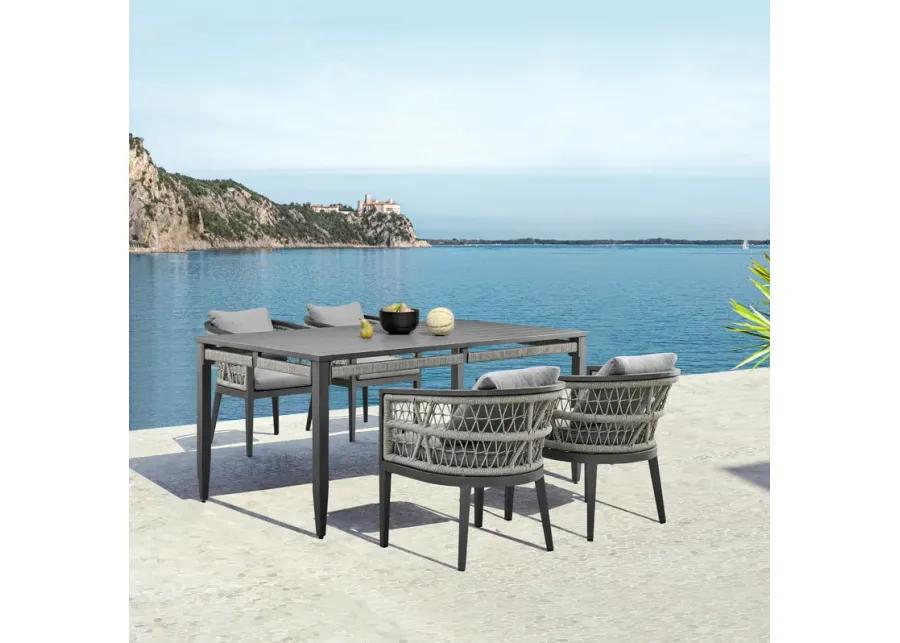 Zella Outdoor Patio 5 Piece Dining Set in Aluminum with Light Gray Rope and Cushions