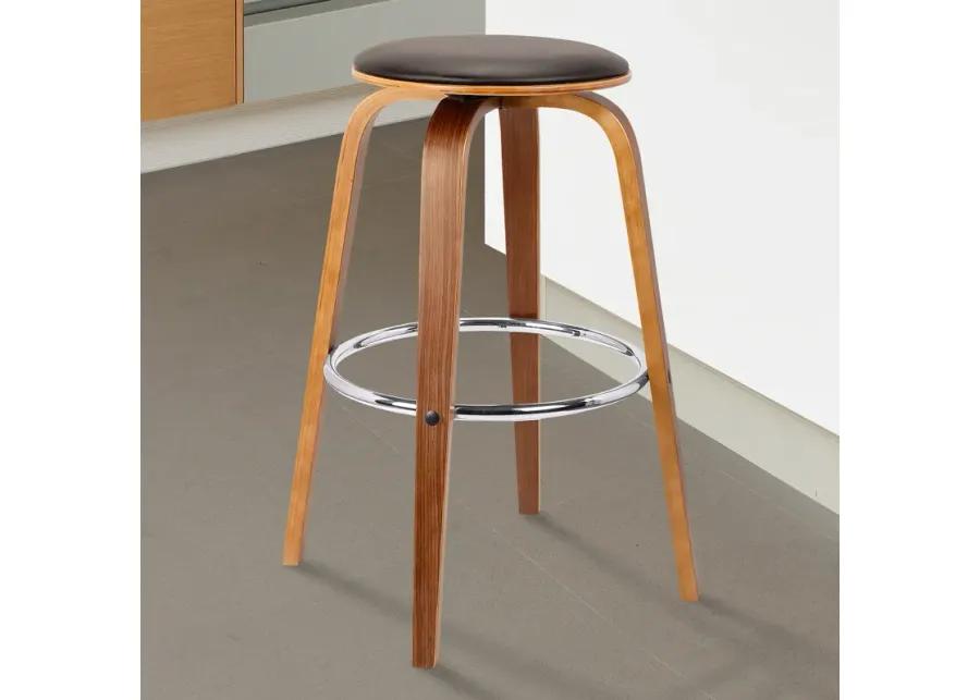 Harbor 30" Bar Height Backless Swivel Brown Faux Leather and Walnut Wood Mid-Century Modern Bar Stool