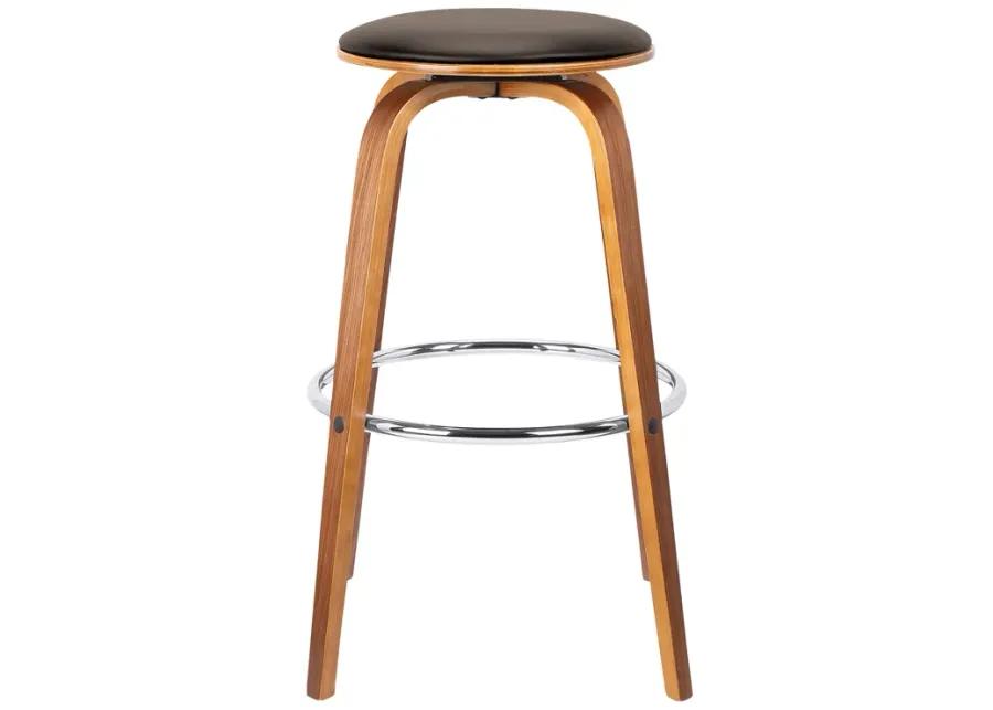 Harbor 30" Bar Height Backless Swivel Brown Faux Leather and Walnut Wood Mid-Century Modern Bar Stool