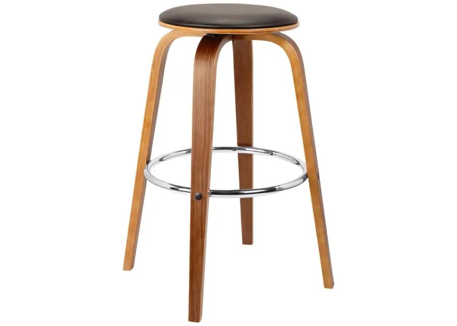 Harbor 30" Bar Height Backless Swivel Brown Faux Leather and Walnut Wood Mid-Century Modern Bar Stool