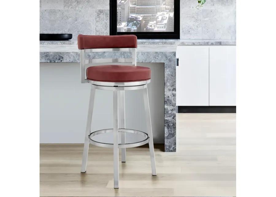 Madrid 26" Counter Height Swivel Red Faux Leather and Brushed Stainless Steel Bar Stool