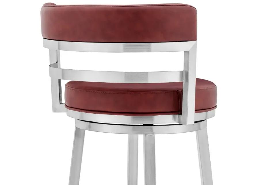 Madrid 26" Counter Height Swivel Red Faux Leather and Brushed Stainless Steel Bar Stool