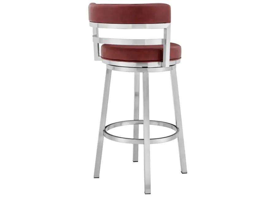 Madrid 26" Counter Height Swivel Red Faux Leather and Brushed Stainless Steel Bar Stool