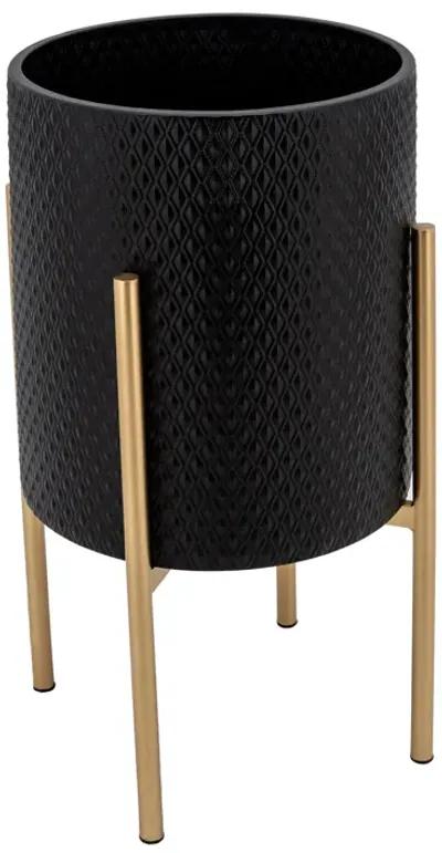 S/2 Textured Planter On Metalstand, Black/gld