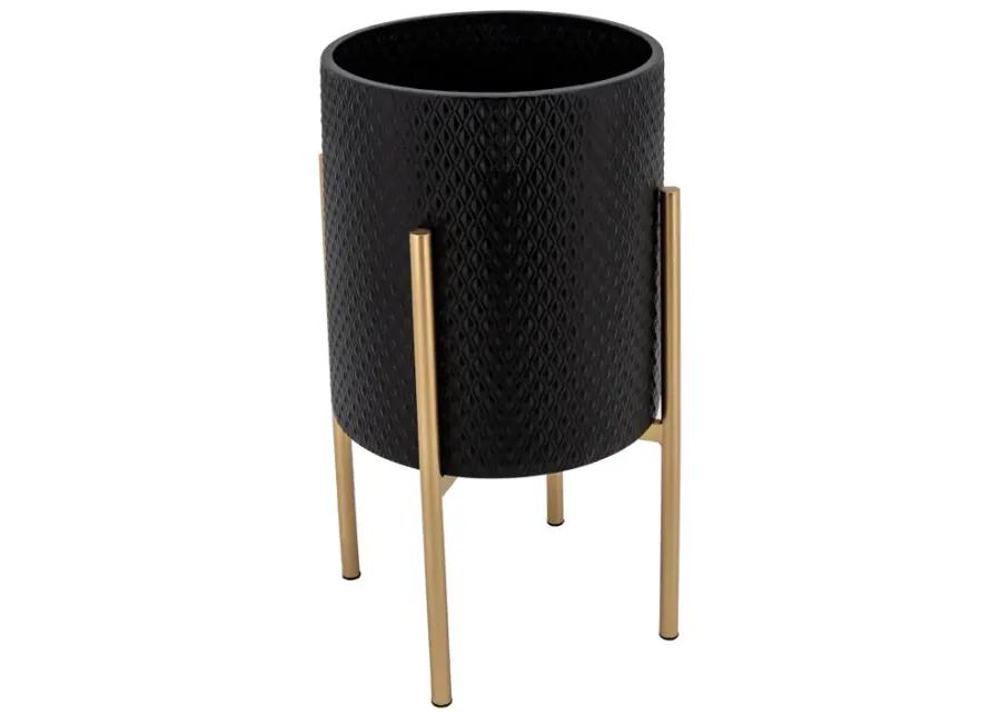 S/2 Textured Planter On Metalstand, Black/gld