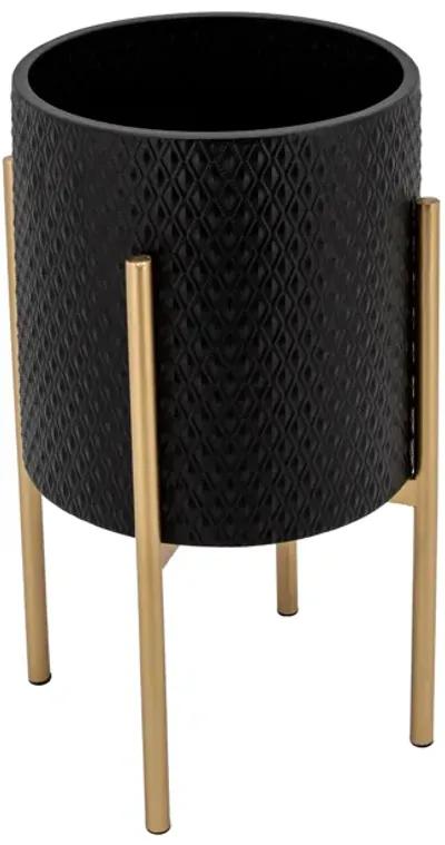 S/2 Textured Planter On Metalstand, Black/gld