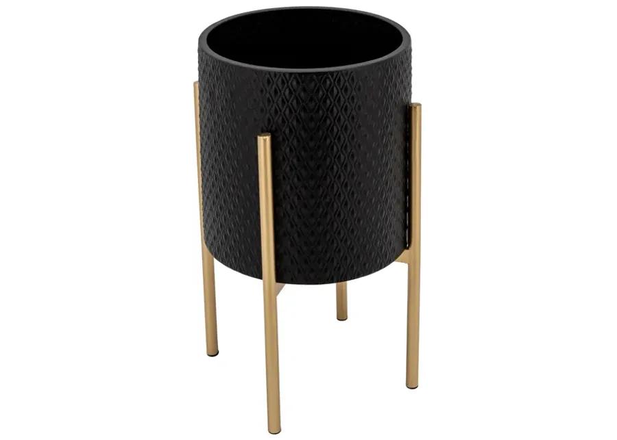 S/2 Textured Planter On Metalstand, Black/gld