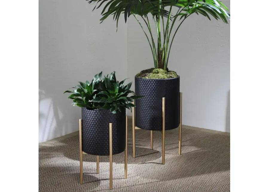 S/2 Textured Planter On Metalstand, Black/gld