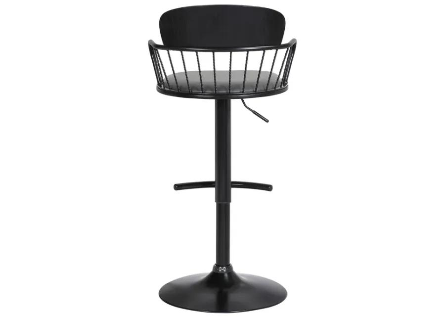 Nash Adjustable Black Wood Bar Stool in Gray Faux Leather with Black Metal