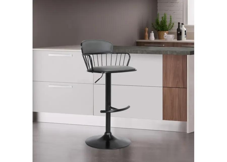 Nash Adjustable Black Wood Bar Stool in Gray Faux Leather with Black Metal