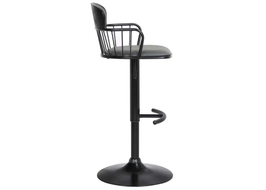 Nash Adjustable Black Wood Bar Stool in Gray Faux Leather with Black Metal