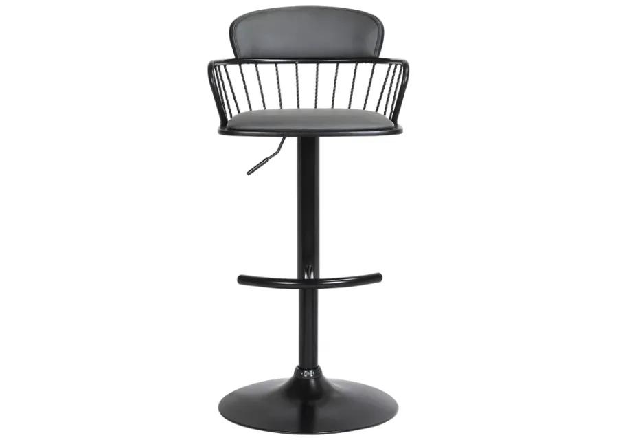 Nash Adjustable Black Wood Bar Stool in Gray Faux Leather with Black Metal