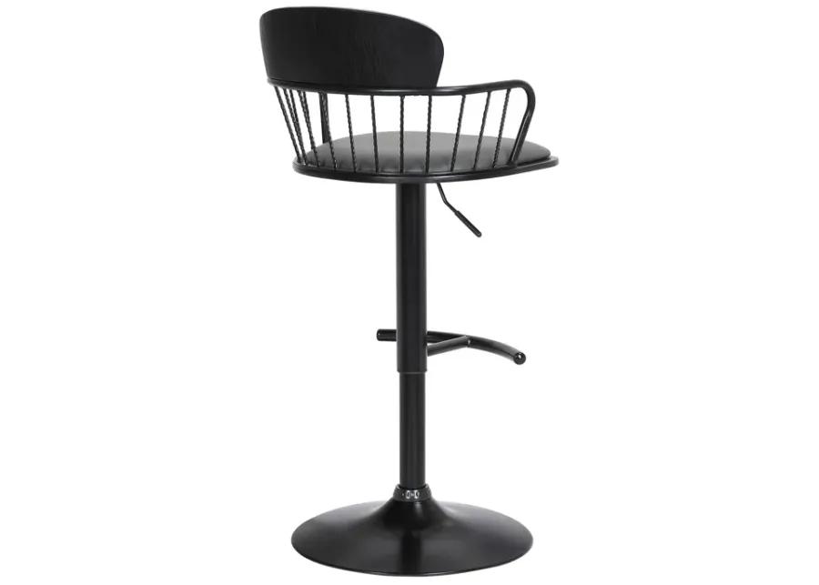 Nash Adjustable Black Wood Bar Stool in Gray Faux Leather with Black Metal