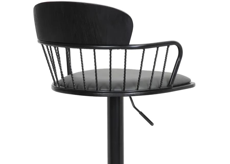 Nash Adjustable Black Wood Bar Stool in Gray Faux Leather with Black Metal