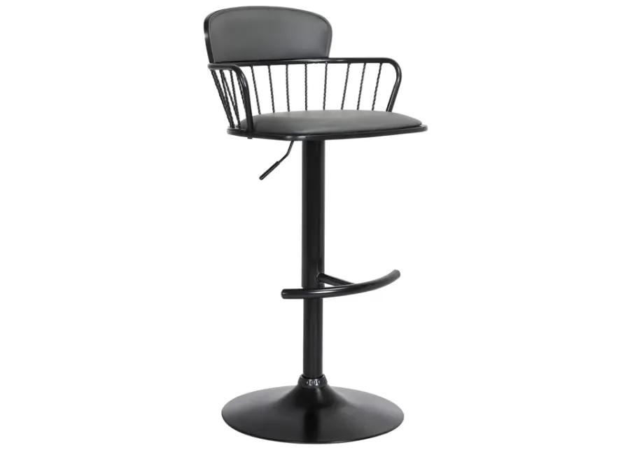 Nash Adjustable Black Wood Bar Stool in Gray Faux Leather with Black Metal