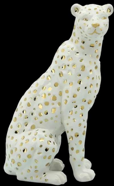 11" Sitting Leopard, White/gold