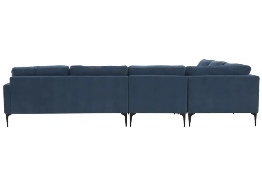 Serena Blue Velvet Large Chaise Sectional with Black Legs