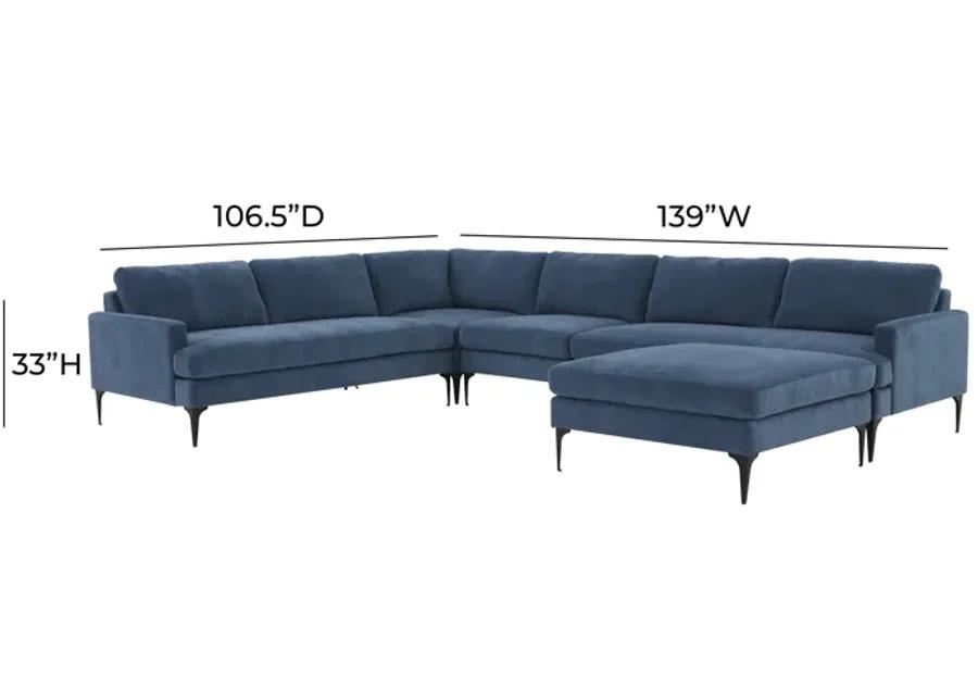 Serena Blue Velvet Large Chaise Sectional with Black Legs