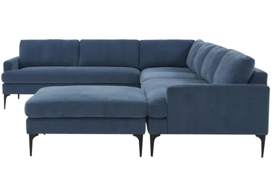 Serena Blue Velvet Large Chaise Sectional with Black Legs