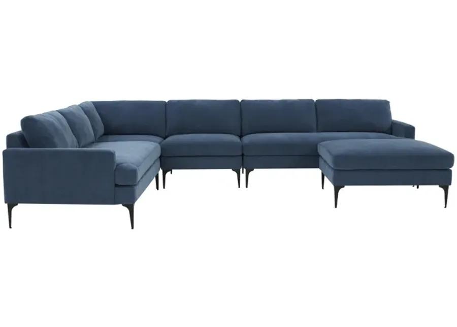 Serena Blue Velvet Large Chaise Sectional with Black Legs