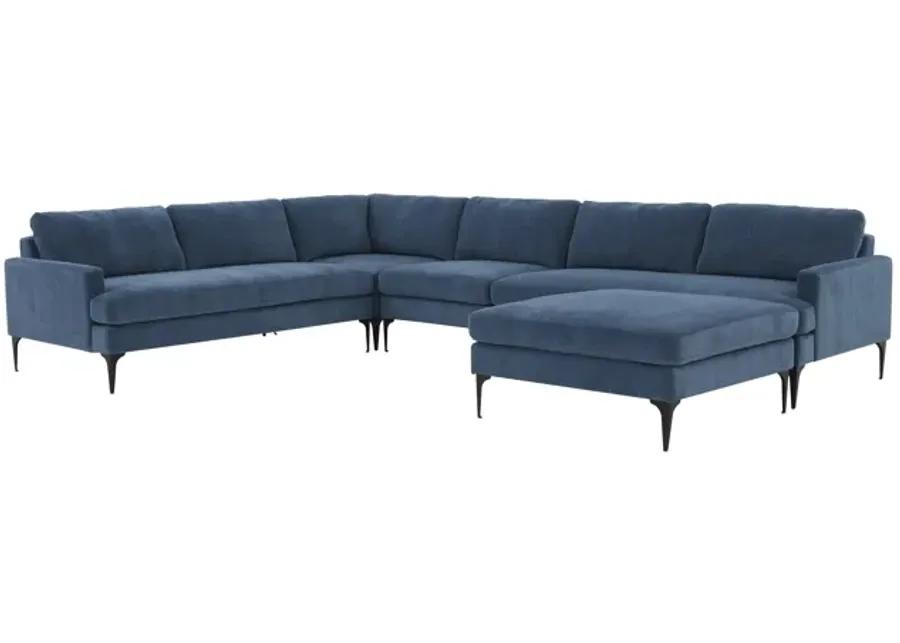 Serena Blue Velvet Large Chaise Sectional with Black Legs