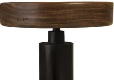 black iron bar stool, swivel seat, chamcha wood, natural