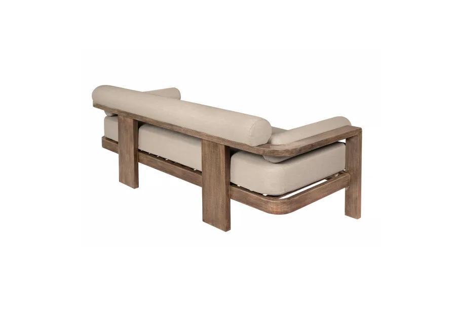 Relic Outdoor Patio Sofa in Weathered Eucalyptus Wood with Taupe Olefin Cushions