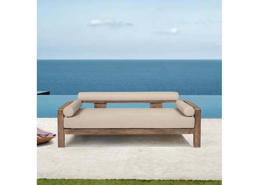 Relic Outdoor Patio Sofa in Weathered Eucalyptus Wood with Taupe Olefin Cushions