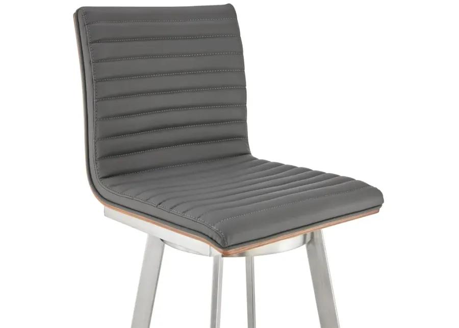 Jermaine 30" Bar Height Swivel Bar Stool in Brushed Stainless Steel Finish and Gray Faux Leather