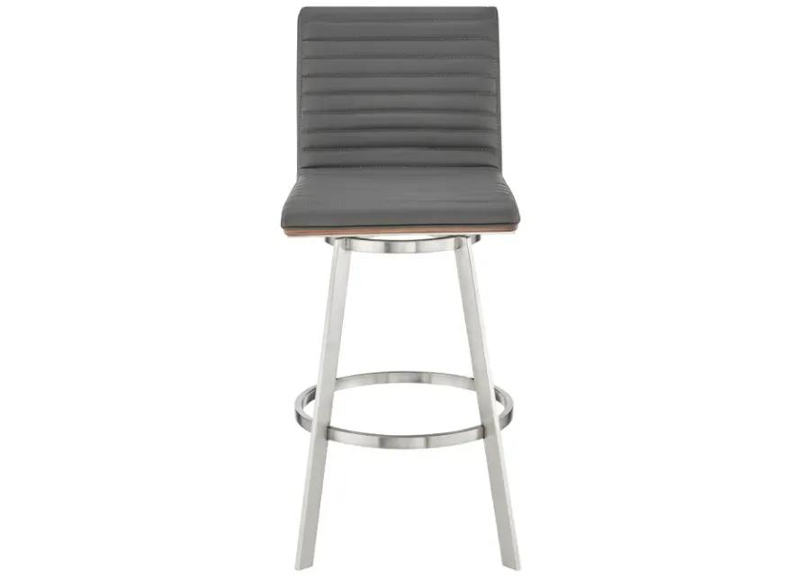 Jermaine 30" Bar Height Swivel Bar Stool in Brushed Stainless Steel Finish and Gray Faux Leather