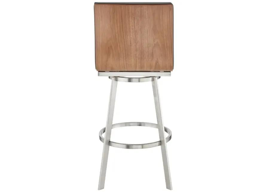 Jermaine 30" Bar Height Swivel Bar Stool in Brushed Stainless Steel Finish and Gray Faux Leather