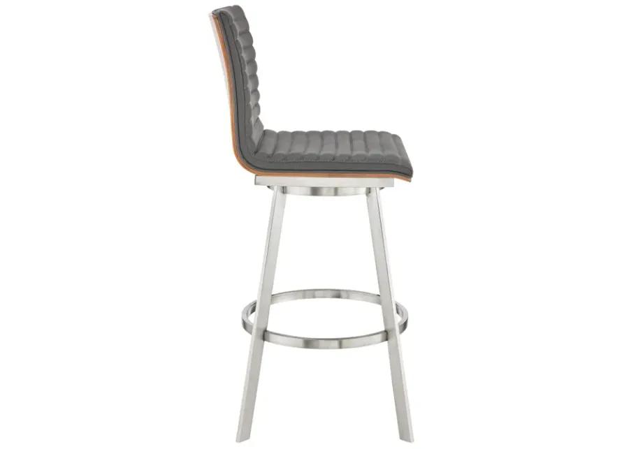 Jermaine 30" Bar Height Swivel Bar Stool in Brushed Stainless Steel Finish and Gray Faux Leather