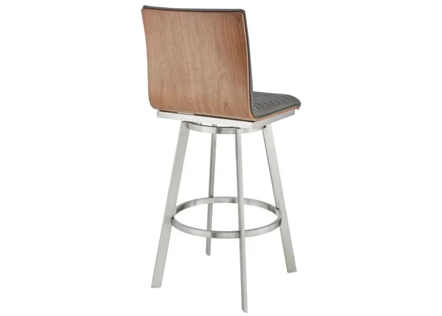 Jermaine 30" Bar Height Swivel Bar Stool in Brushed Stainless Steel Finish and Gray Faux Leather