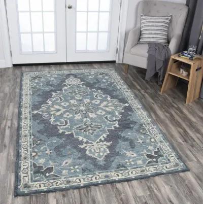 Resonant Dk.Gray/Gray Blue Central Medallion Wool 5' x 8' Rectangle Rug